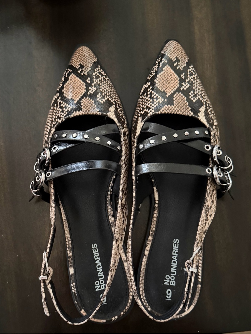 No Boundaries Black and Beige Snake-Print Pointed Slingback Flats